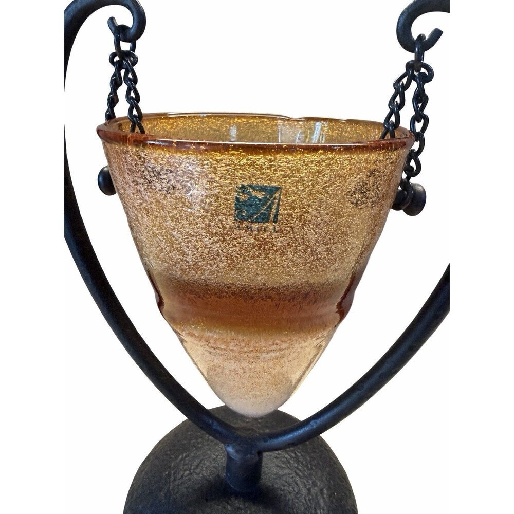 Vintage Amici Hand Blown Amber Bubble Glass Cone Vase Hanging Wrought Iron Stand - Picture 6 of 12